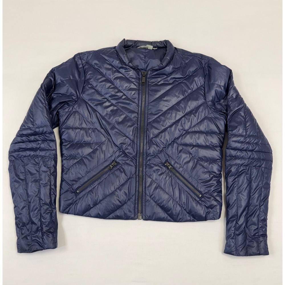 Athleta Goose Down Puffer‎ Jacket Women's Small Navy Blue Quilted Full Zip Front